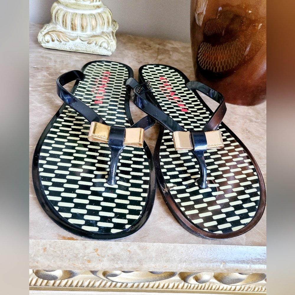 Coach Landon Women Patterned Jelly Thong Flip Flops Black/Ivory Logo Bow US 8.5 - Picture 2 of 16